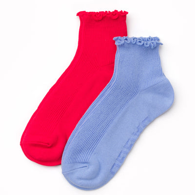 Lettuce Edge Sock Set - Light Blue & Red