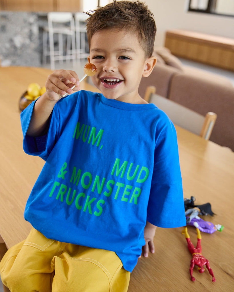 Mum, Mud & Monster Trucks Tee - Blue