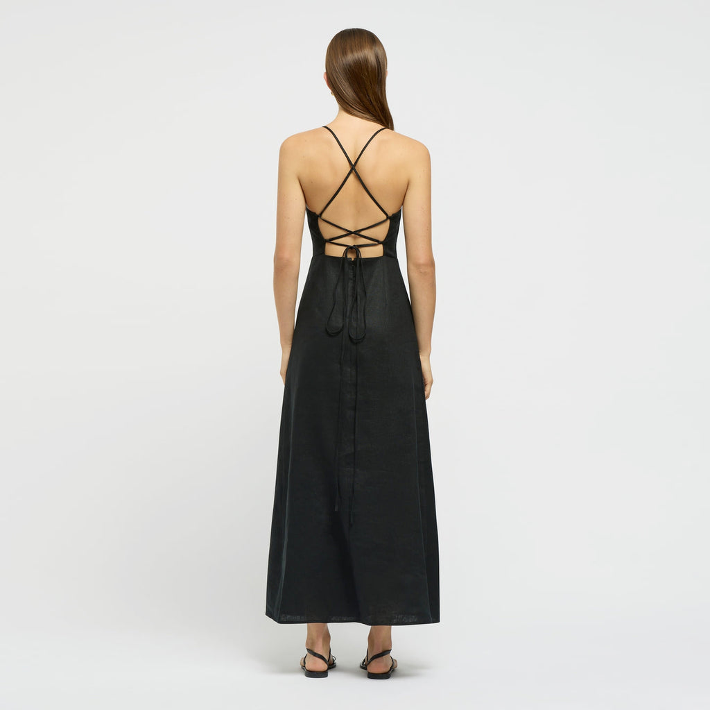 Coralie Linen Tie Midi Dress - Black