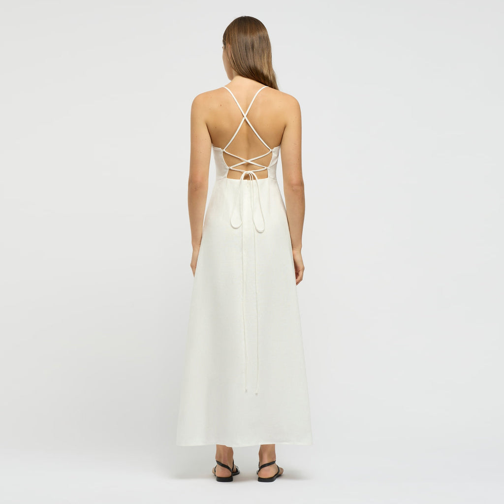 Coralie Linen Tie Midi Dress - White
