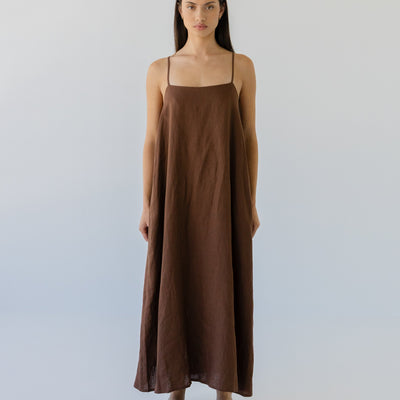 Tie Back Linen Dress - Cocoa