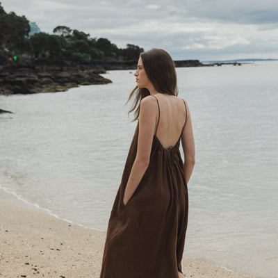 Tie Back Linen Dress - Cocoa