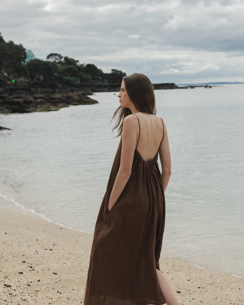 Tie Back Linen Dress - Cocoa
