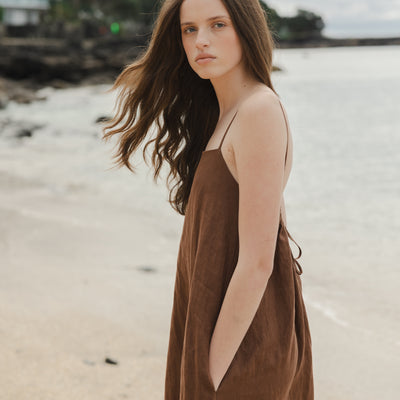 Tie Back Linen Dress - Cocoa