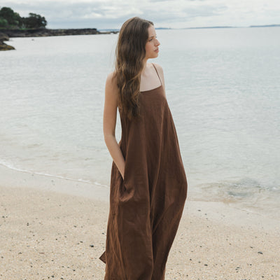 Tie Back Linen Dress - Cocoa