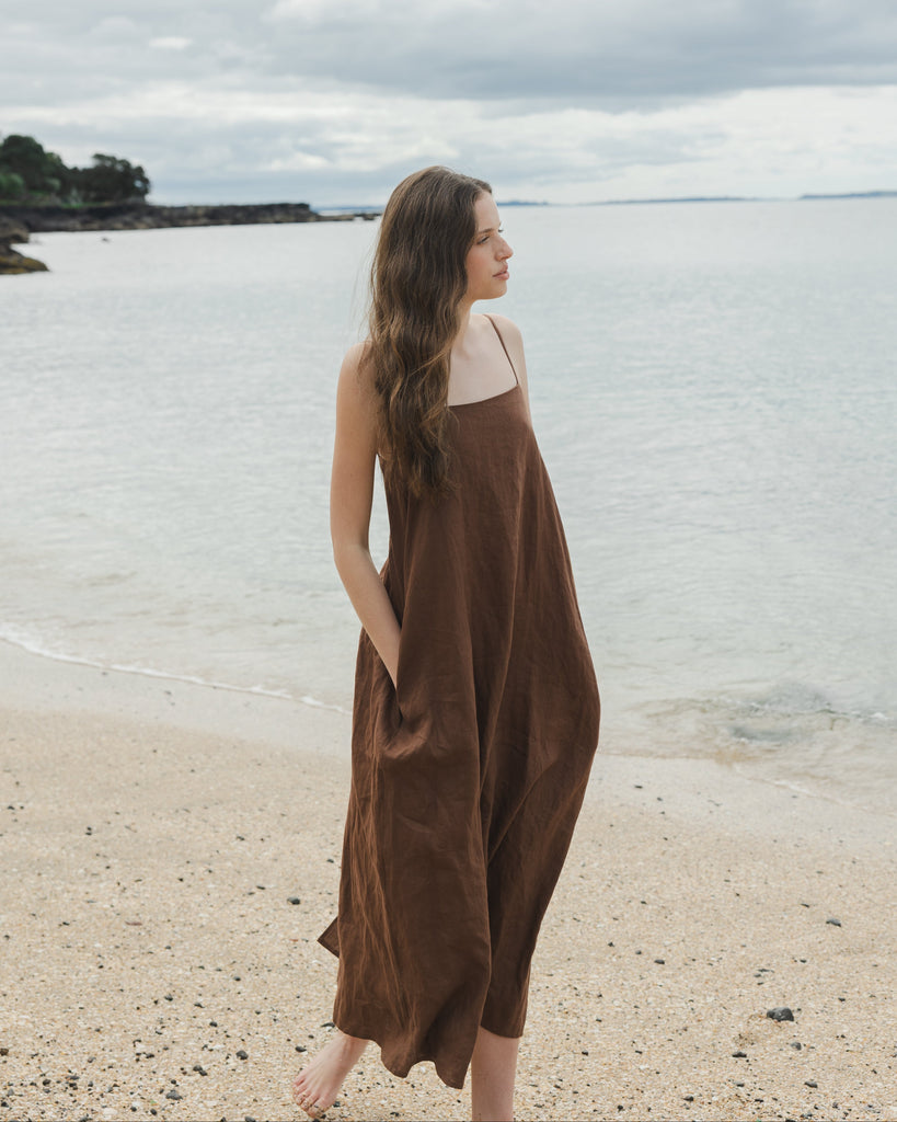 Tie Back Linen Dress - Cocoa