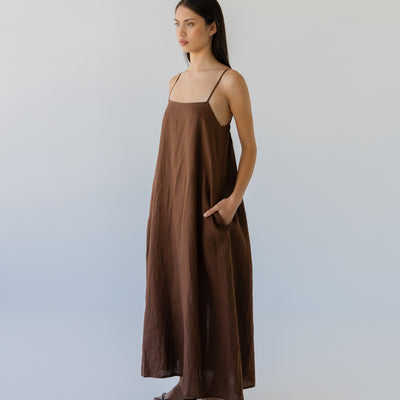 Tie Back Linen Dress - Cocoa