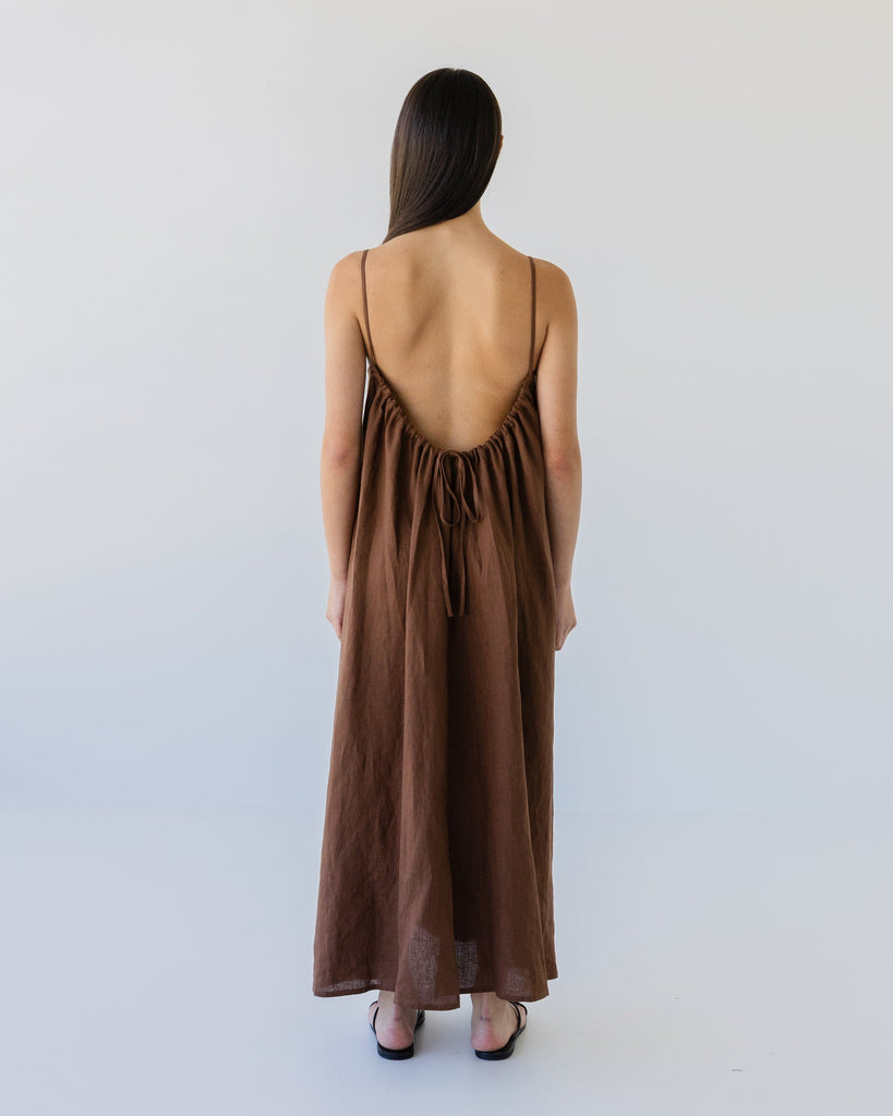 Tie Back Linen Dress - Cocoa