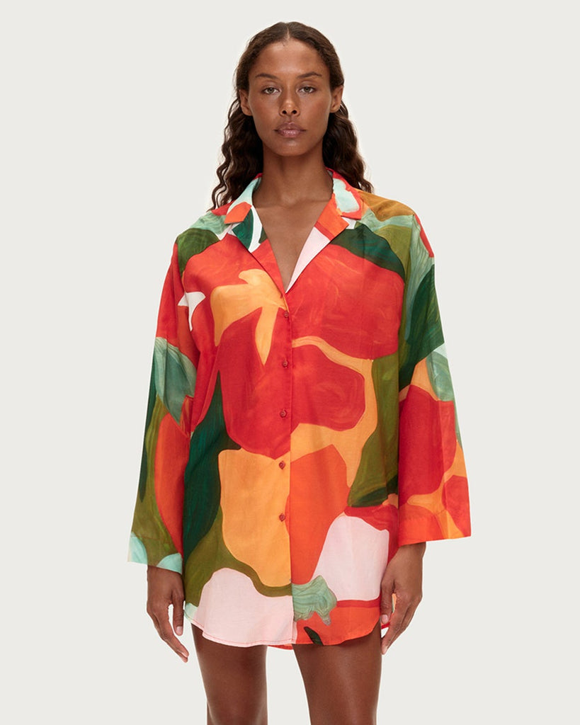 Cotton Silk Shirt - Red Floral