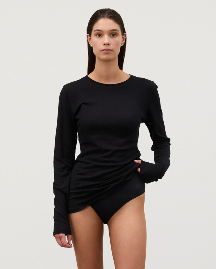 Rib Hemp Long Sleeve Top - Black