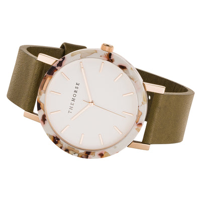The Horse Watch - Resin - Nougat / White & Rose Gold / Olive Leather - Paper Plane - NZ Stockist - Shop Online Now